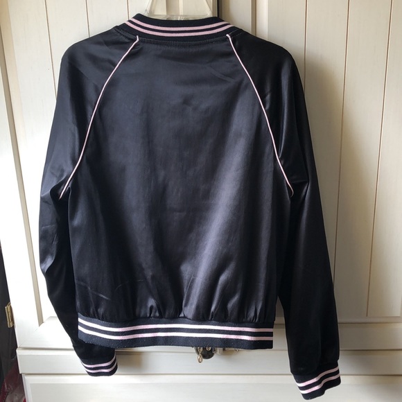 ASHLEY 26 International • Black Satin Baseball Style Bomber Jacket w/ Pink Trim - Picture 9 of 11